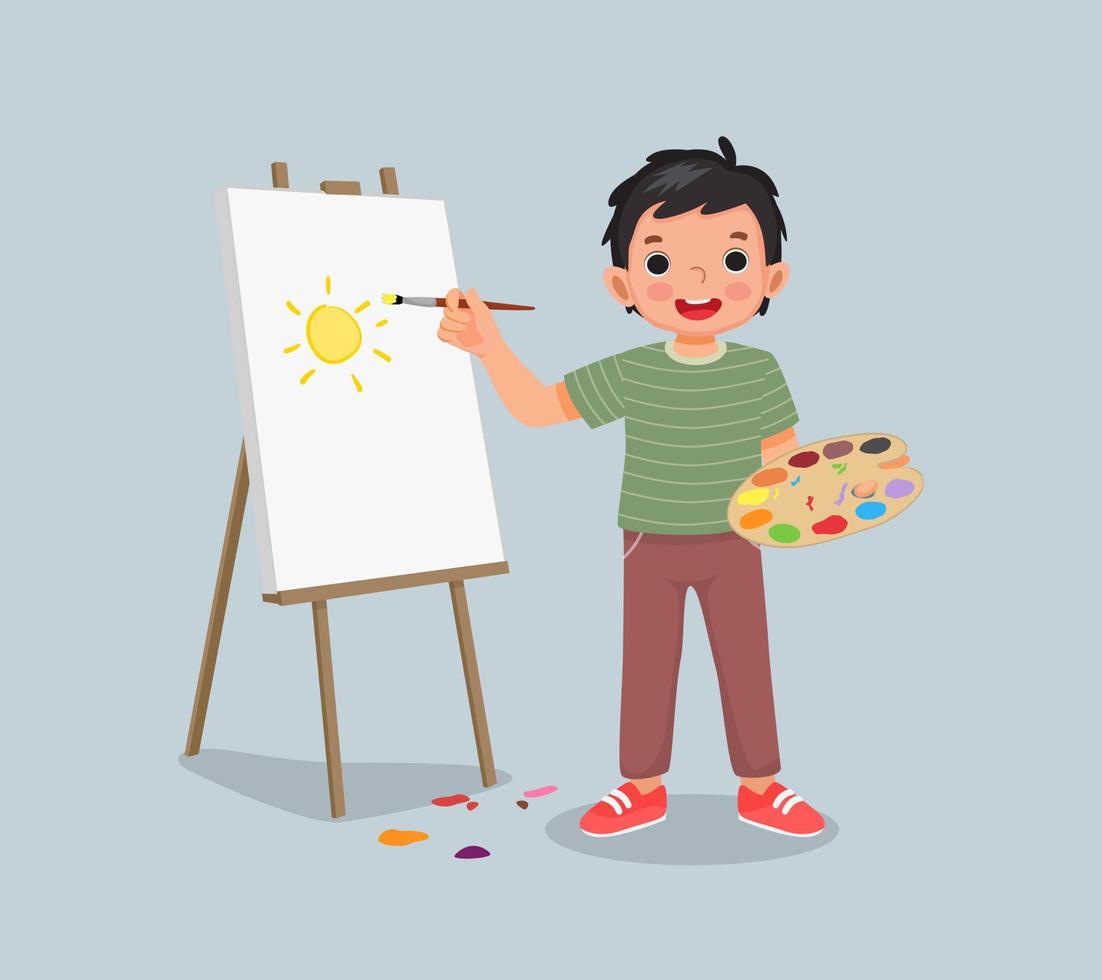 happy little boy artist holding color palette and paintbrush painting on the canvas vector