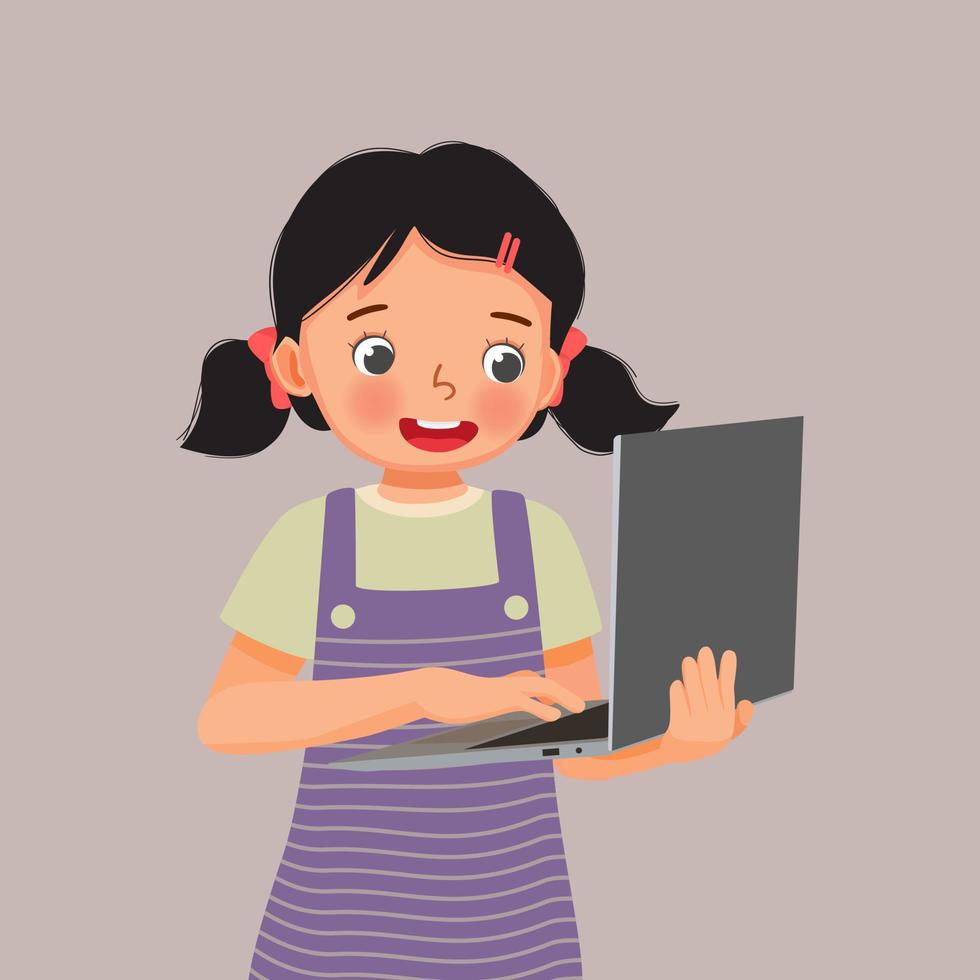 cute little girl student holding and using laptop for studying browsing and doing homework vector