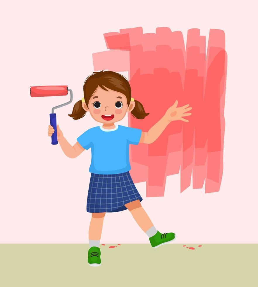 Happy little girl holding painting roller showing the wall she paints in yellow color vector