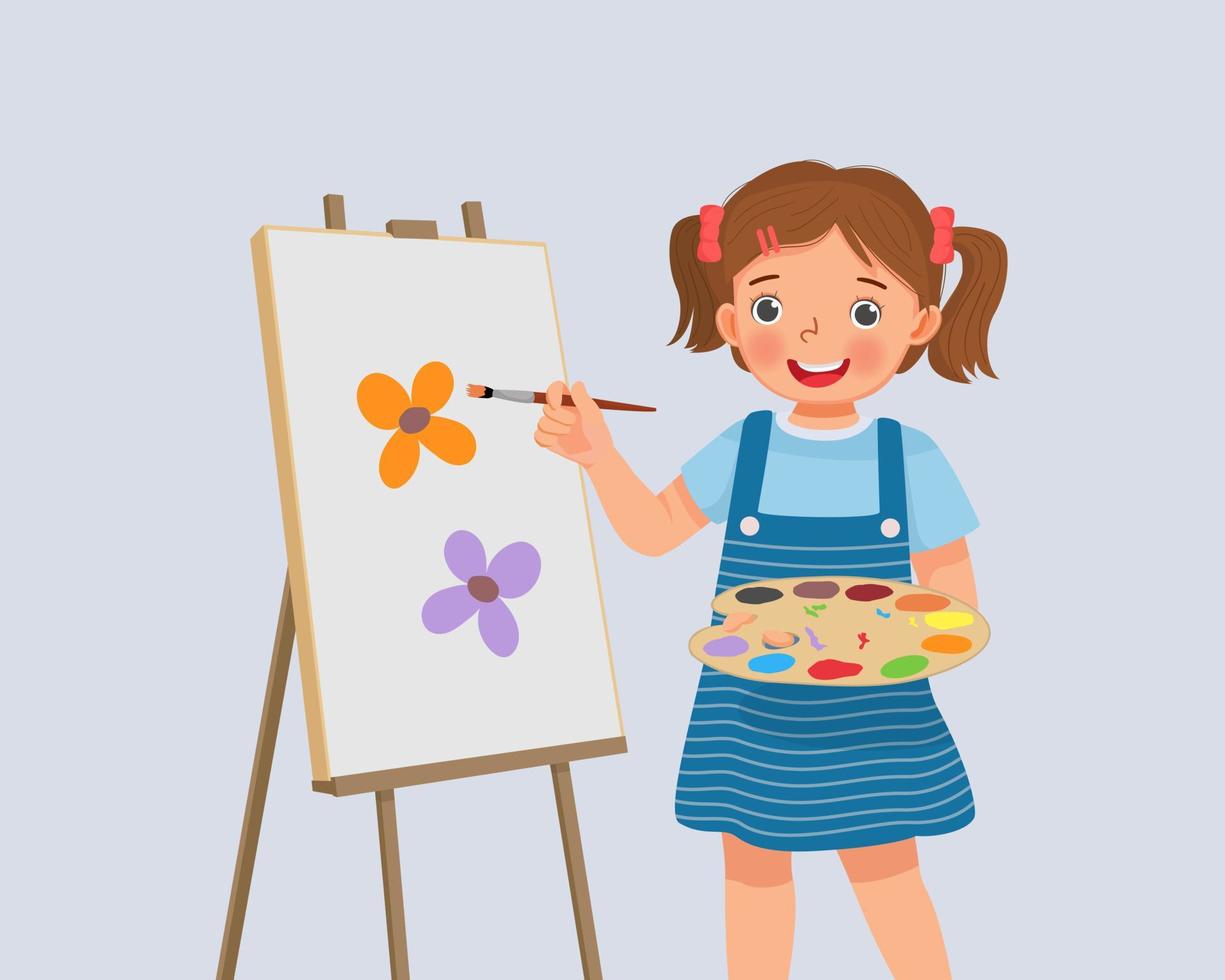 cute little girl artist holding color palette and paintbrush painting on the canvas vector