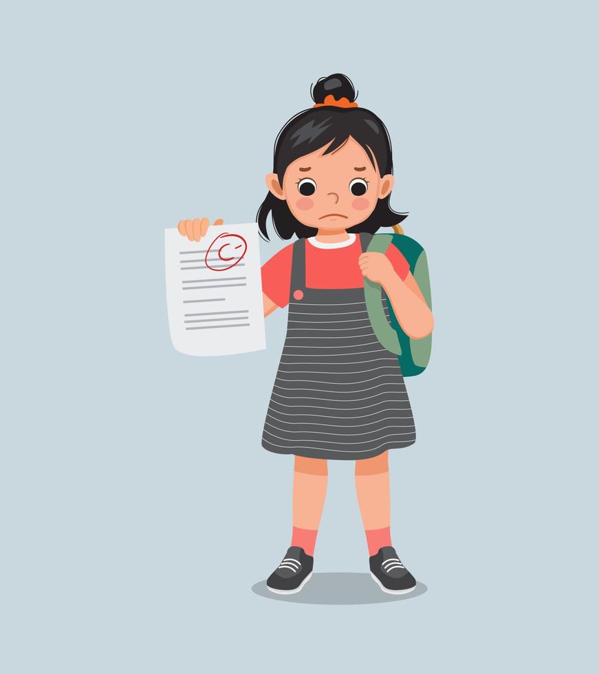 linda niña que se siente triste obtiene una mala calificación en el examen con un puntaje bajo vector