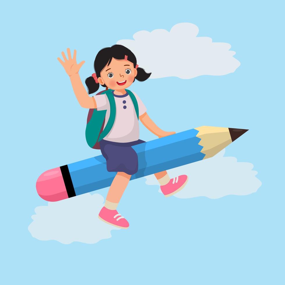 linda niña estudiante con mochila montada en un lápiz volador que agita la mano para ir a la escuela vector