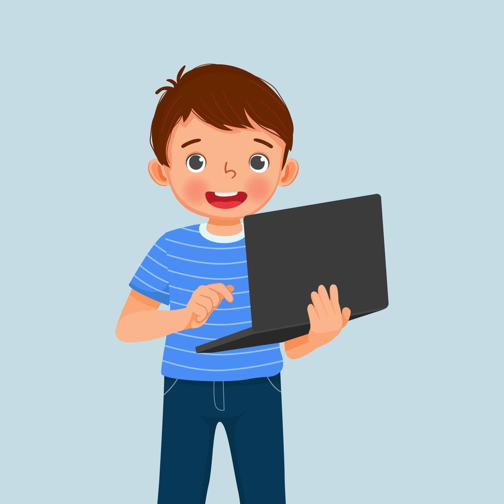 cute little boy student holding and using laptop for studying browsing and doing homework vector