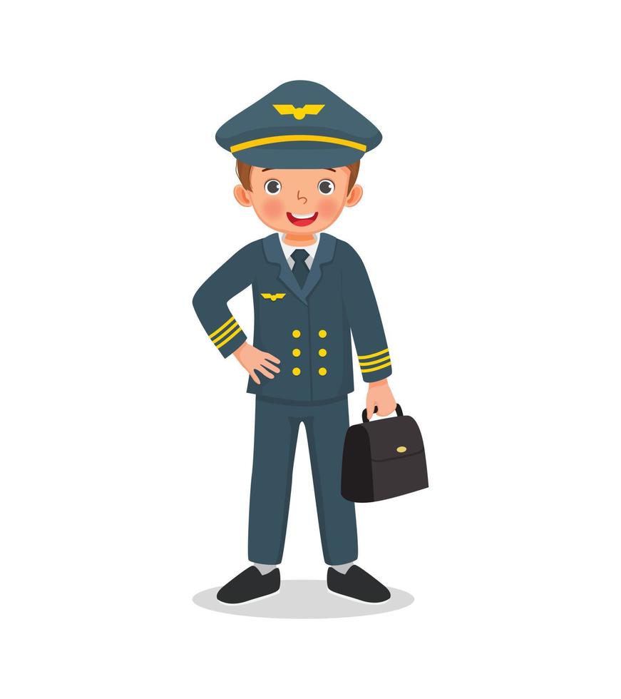 lindo niño vestido con uniforme de piloto sosteniendo una bolsa. concepto de trabajo y ocupación con fines educativos vector