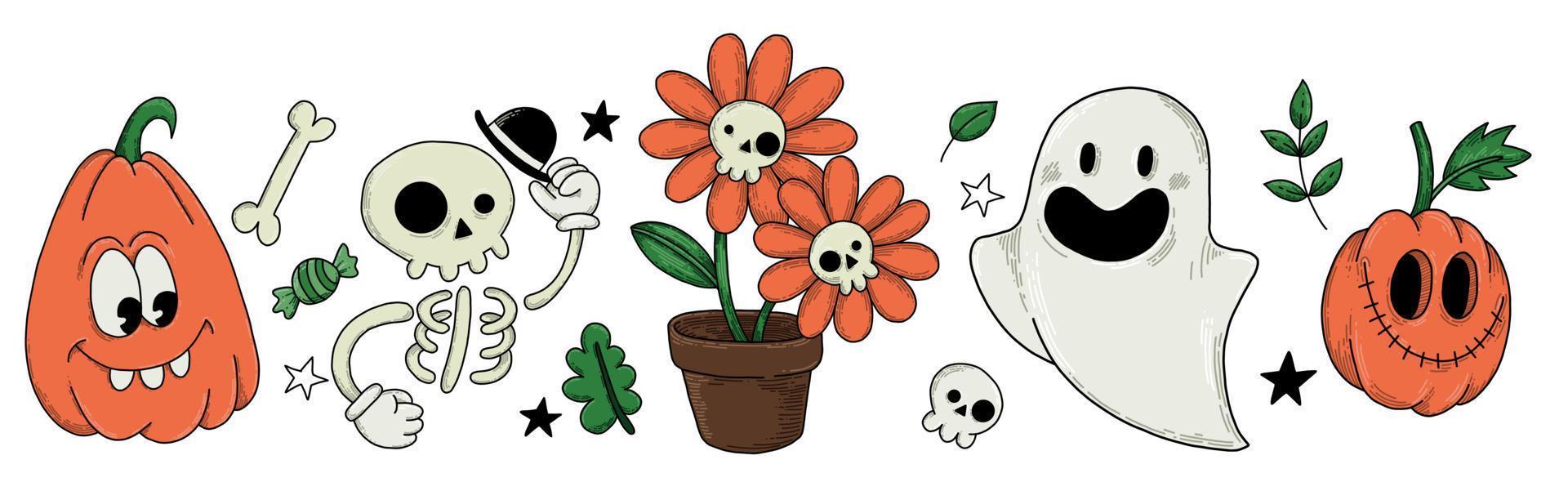 vector drawing. set of elements for the holiday of halloween in the style of cartoons 30s. cute halloween pumpkins, ghost, skeleton. retro