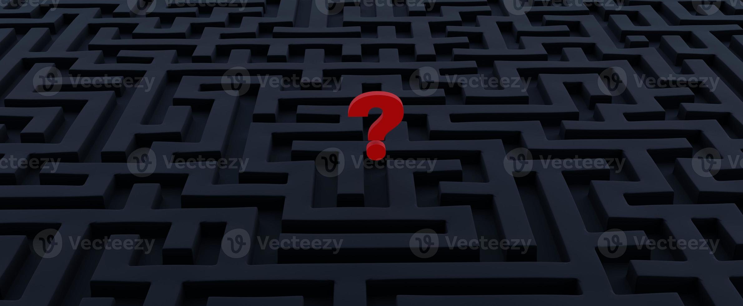 Dark maze with red question mark. Search and solution concept 3d render of business and life problems. Difficult logical decision and choice of strategic direction photo