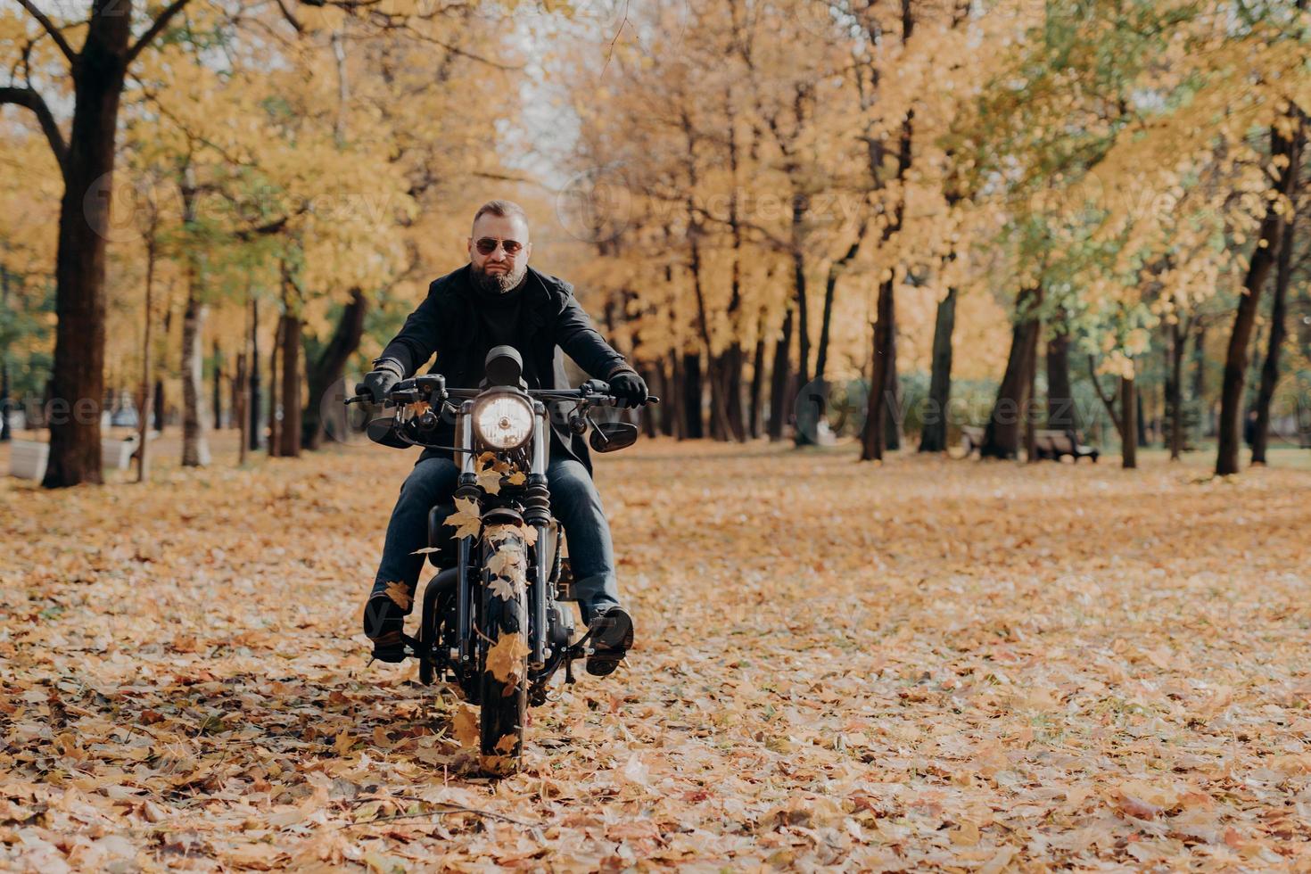Brutal professional male motorcyclist rides bike, wears sunglasses, gloves and black jacket, has ride through autumnal park, beautiful scenery in background with yellow trees and fallen leaves around photo