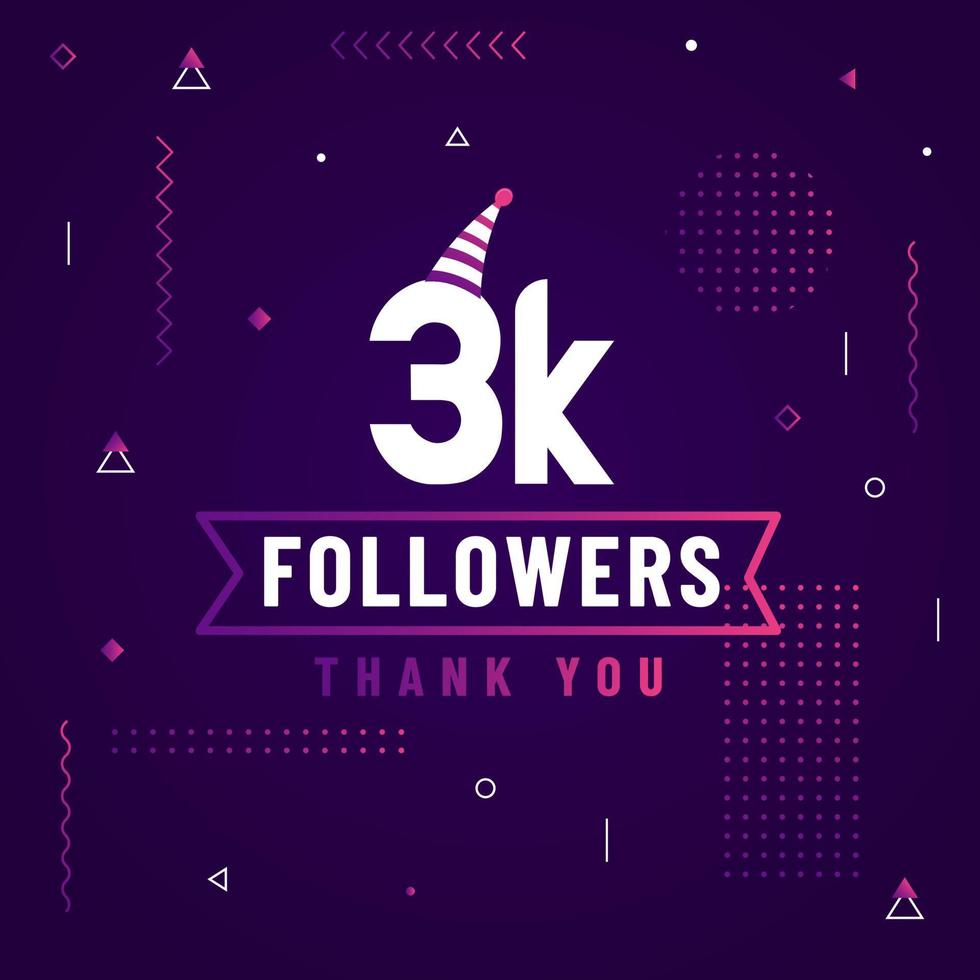 gracias 3k seguidores, celebración de 3000 seguidores diseño moderno y colorido. vector