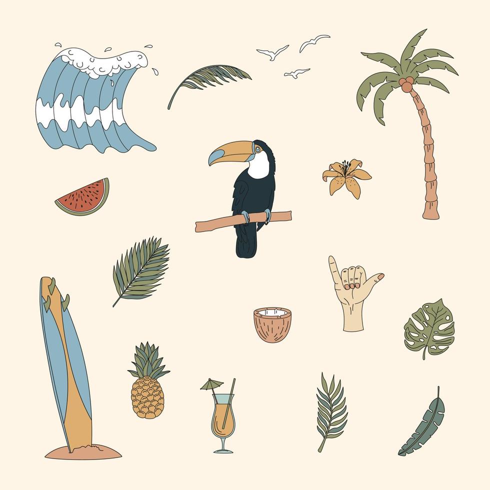 Set Of Hand Drawn Surfing Elements. Waves, Surfboard, Palm Trees, Tropical Leaves And More. vector