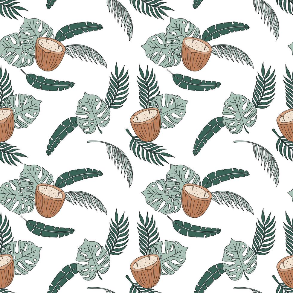 Seamless Pattern With Tropical Leaves And Coconut. Flat Vector Illustration.