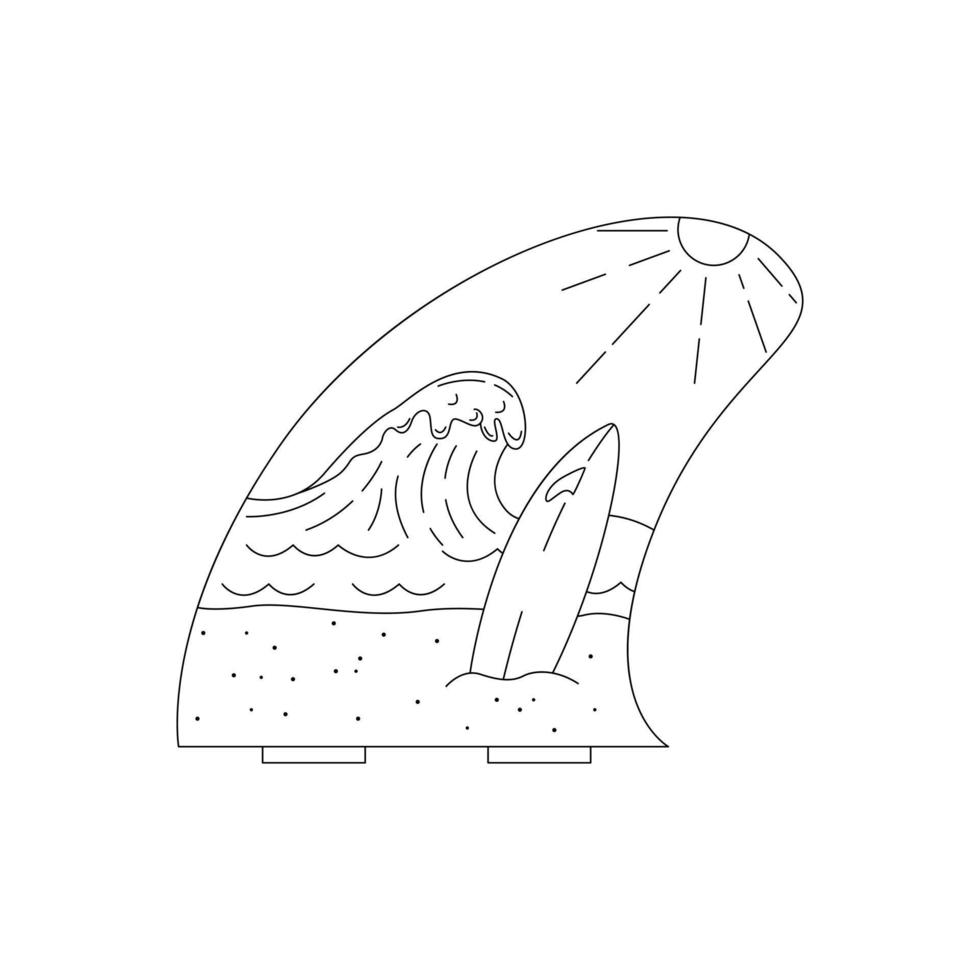 paisaje con tabla de surf, mar y sol en forma de aleta de tabla de surf. insignia, ilustración vectorial plana. vector