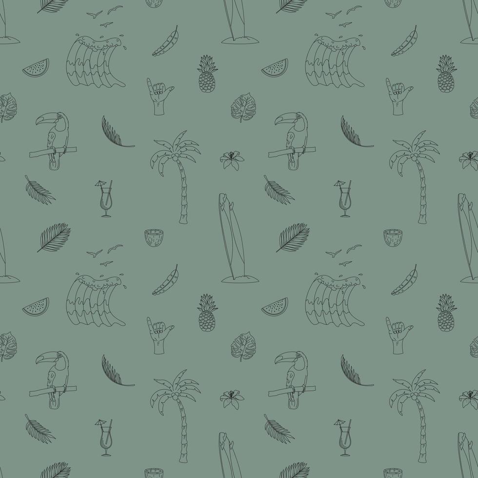 Seamless Pattern With Hand Drawn Elements With A Surf Theme. Wave, Surf, Palm Trees And More. vector