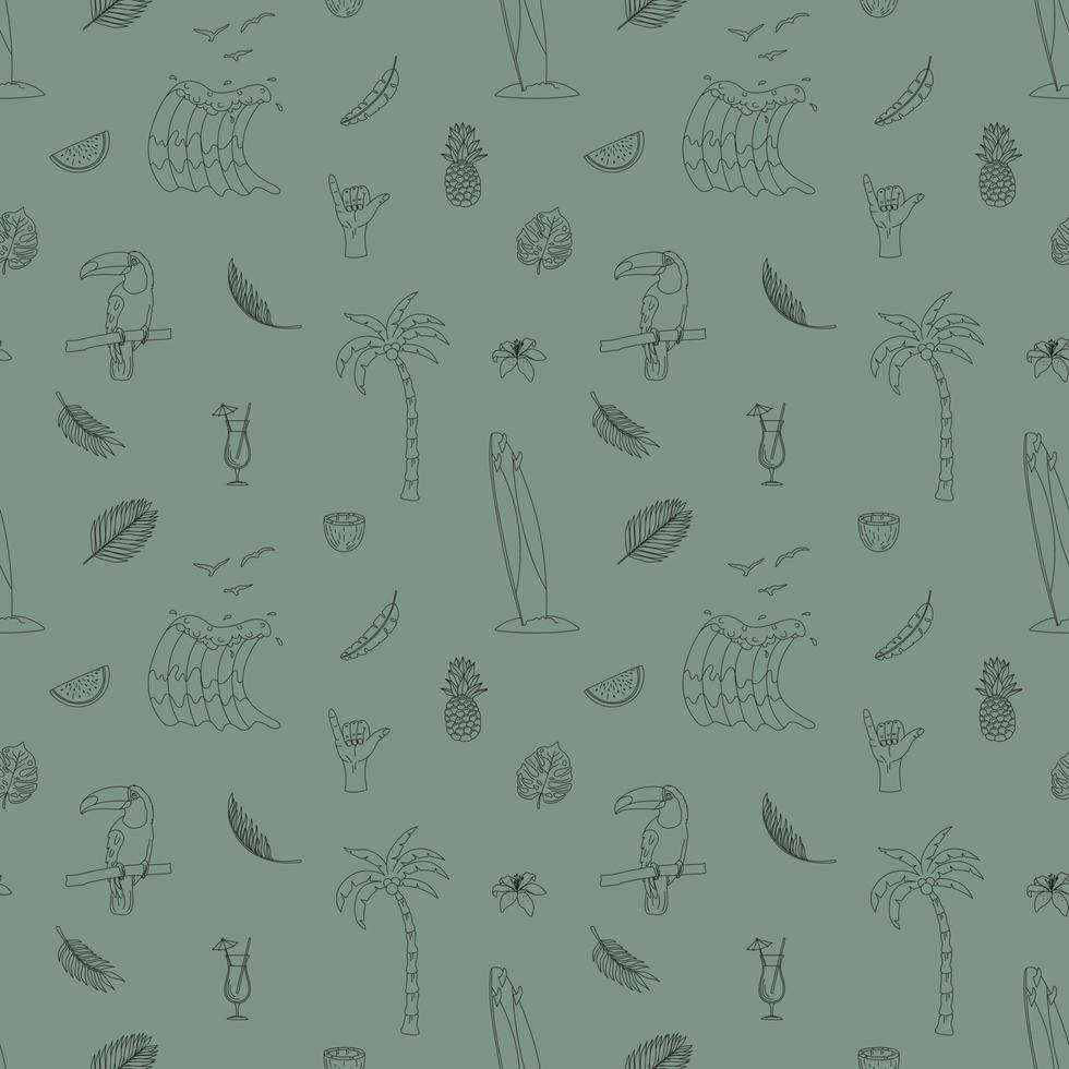 Seamless Pattern With Hand Drawn Elements With A Surf Theme. Wave, Surf, Palm Trees And More. vector