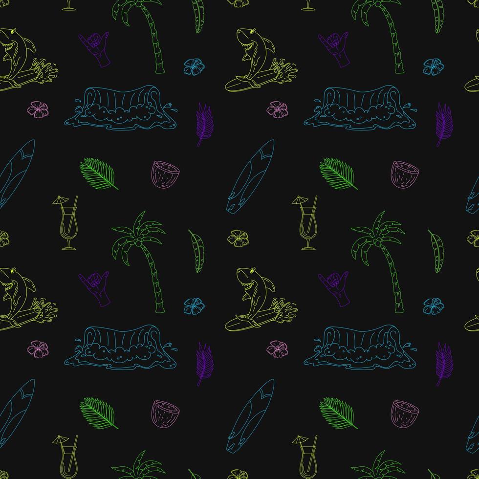 Seamless Pattern With Hand Drawn Elements With A Surf Theme. Wave, Surf, Palm Trees vector