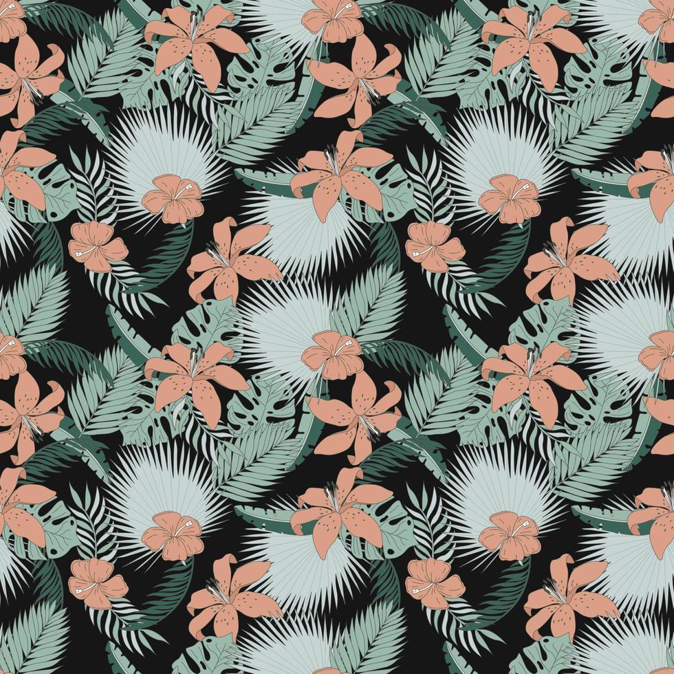 patrón sin costuras con hojas y flores tropicales. ilustración vectorial plana. vector
