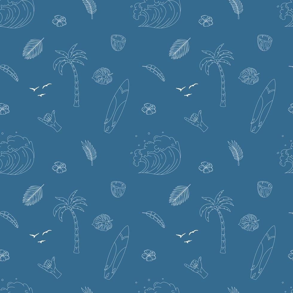 Seamless Pattern With Hand Drawn Elements With A Surf Theme. Wave, Surf, Palm Trees And More. vector