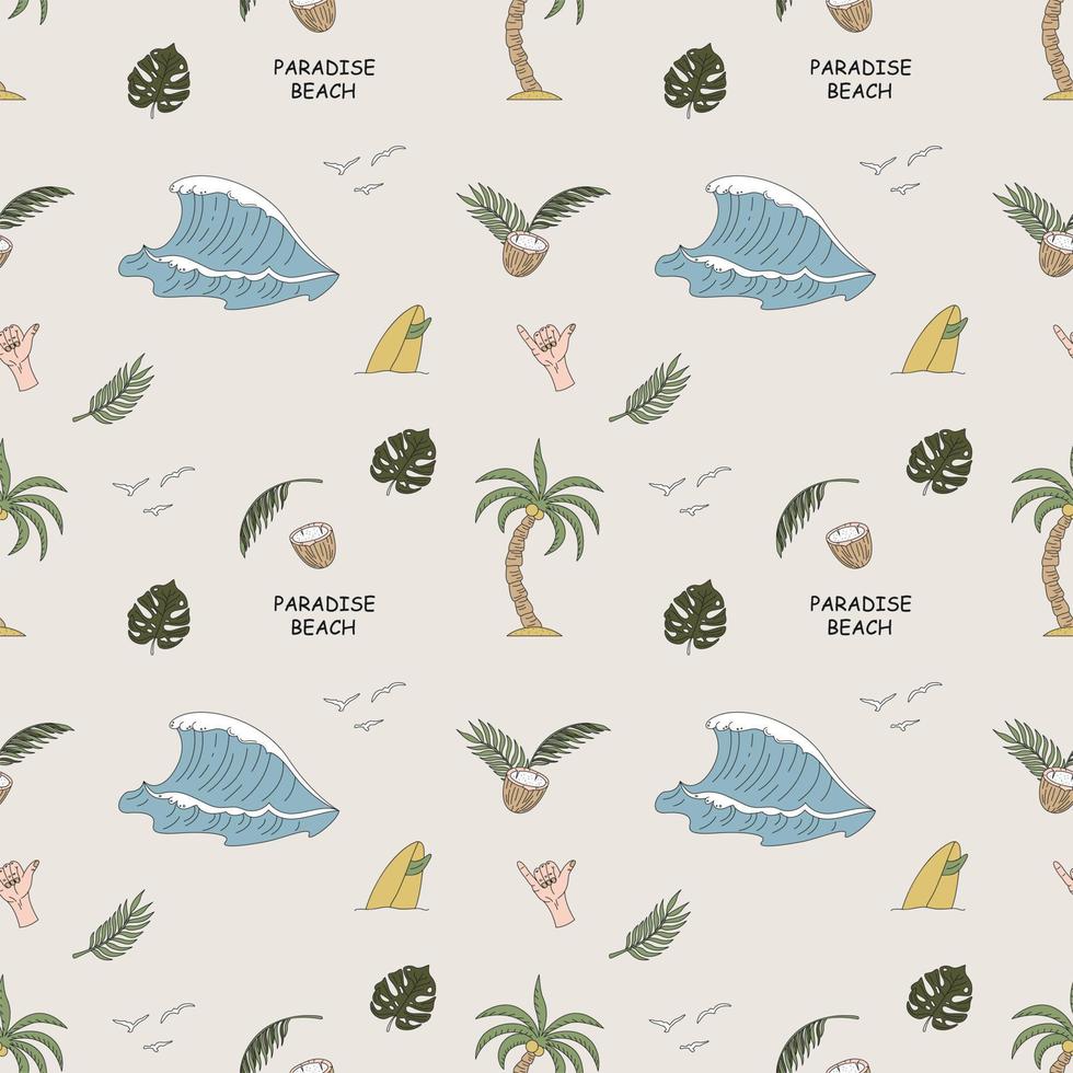 Seamless Pattern With Hand Drawn Elements With A Surf Theme. Wave, Surf, Palm Trees And More. vector