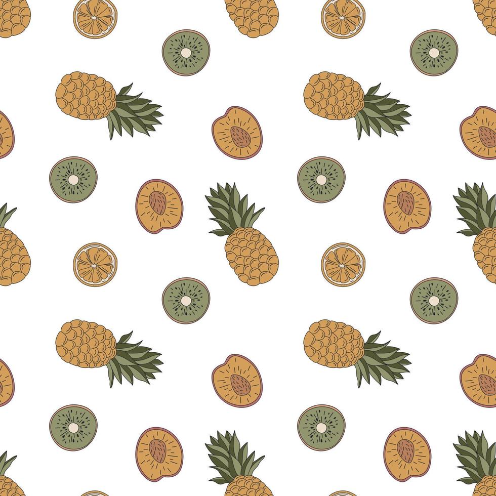 Seamless Pattern With Hand Drawn Pineapple, Orange Slices, Kiwi And Peach. Fruit Print. vector