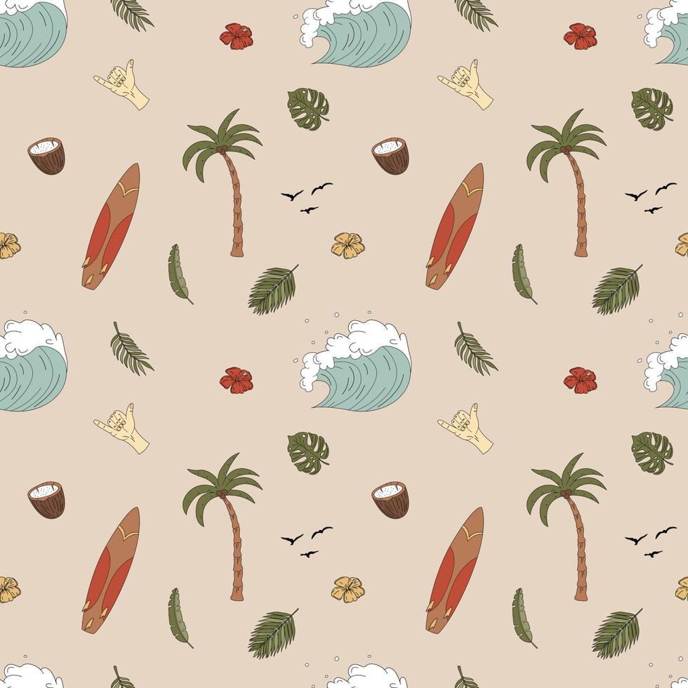 Seamless Pattern With Hand Drawn Elements With A Surf Theme. Wave, Surf, Palm Trees And More. vector