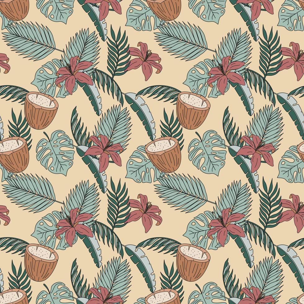 Seamless Pattern With Tropical Leaves, Coconut And Flowers. Flat Vector Illustration.