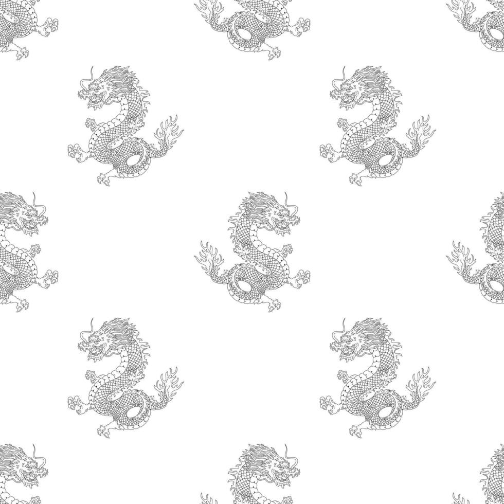 Seamless Pattern With Japanese Dragons. Outline Vector Illustration.