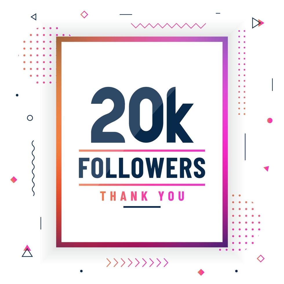gracias 20k seguidores, 20000 seguidores celebración diseño colorido moderno. vector