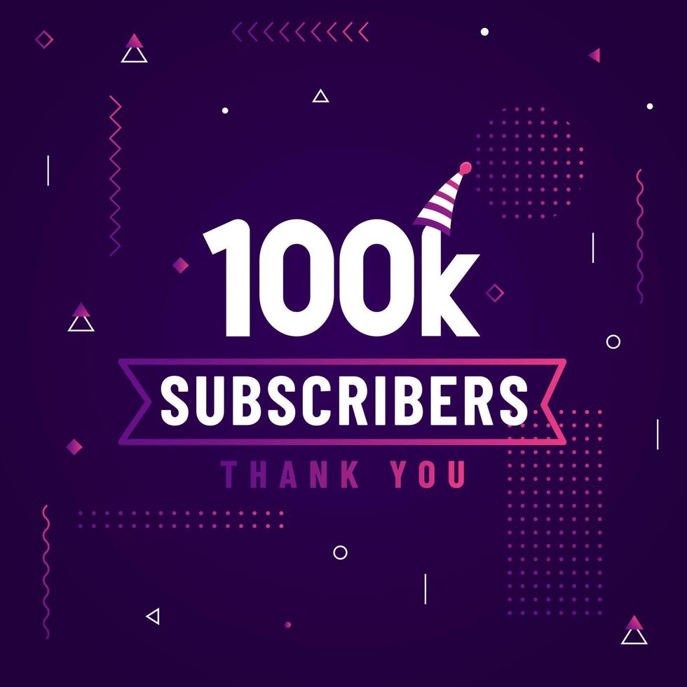 gracias 100k suscriptores, celebración de 100000 suscriptores diseño moderno y colorido. vector