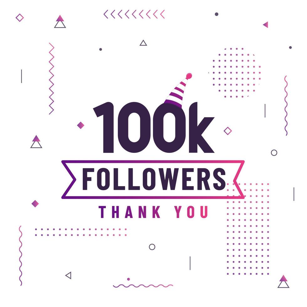 gracias 100k seguidores, celebración de 100000 seguidores diseño colorido moderno. vector