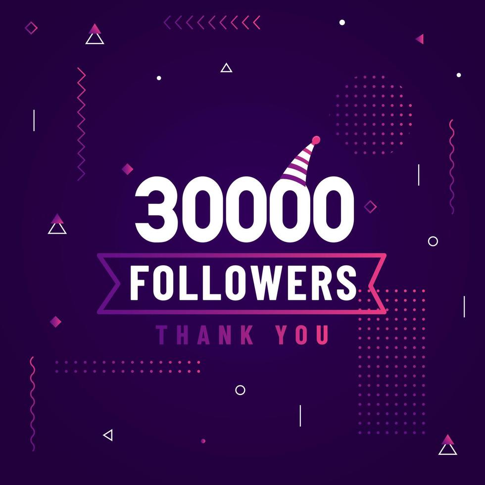 gracias 30000 seguidores, celebración de 30k seguidores diseño moderno y colorido. vector