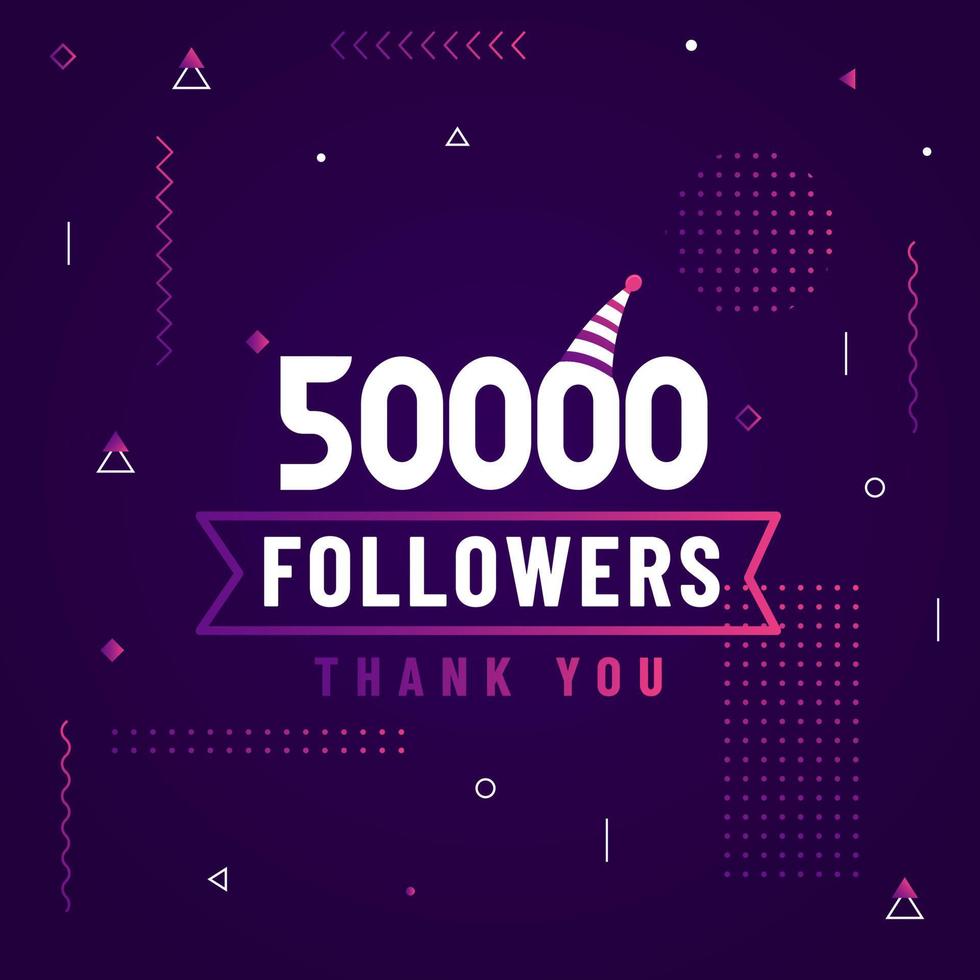 gracias 50000 seguidores, celebración de 50k seguidores diseño moderno y colorido. vector