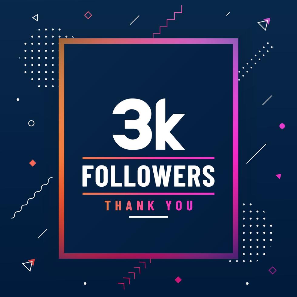 gracias 3k seguidores, celebración de 3000 seguidores diseño moderno y colorido. vector