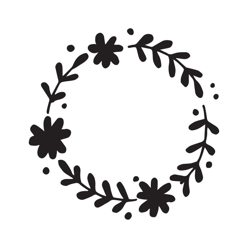 vector drawing in doodle style. round frame, wreath with abstract flowers and branches. modern simple drawing.