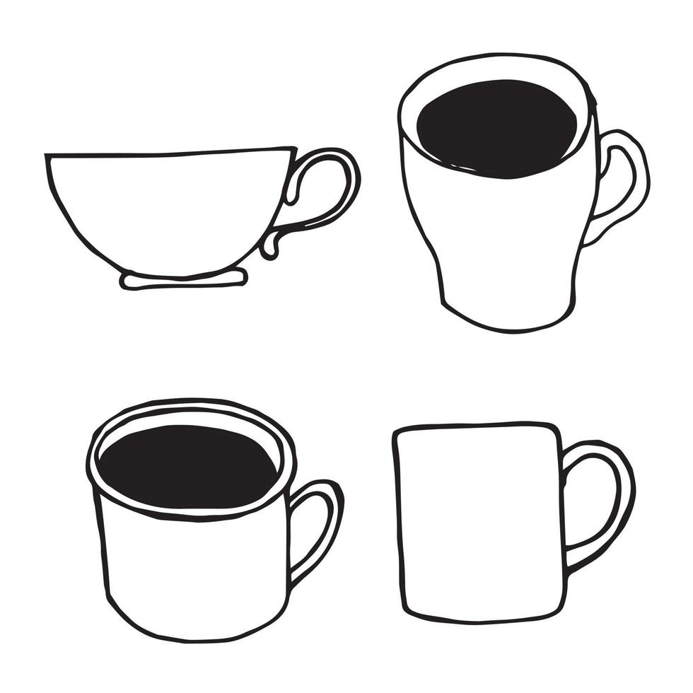 ilustración vectorial de estilo garabato. Juego de tazas sencillo. tazas con café, plano y perspectiva. iconos para café. infografia aislado sobre fondo blanco vector