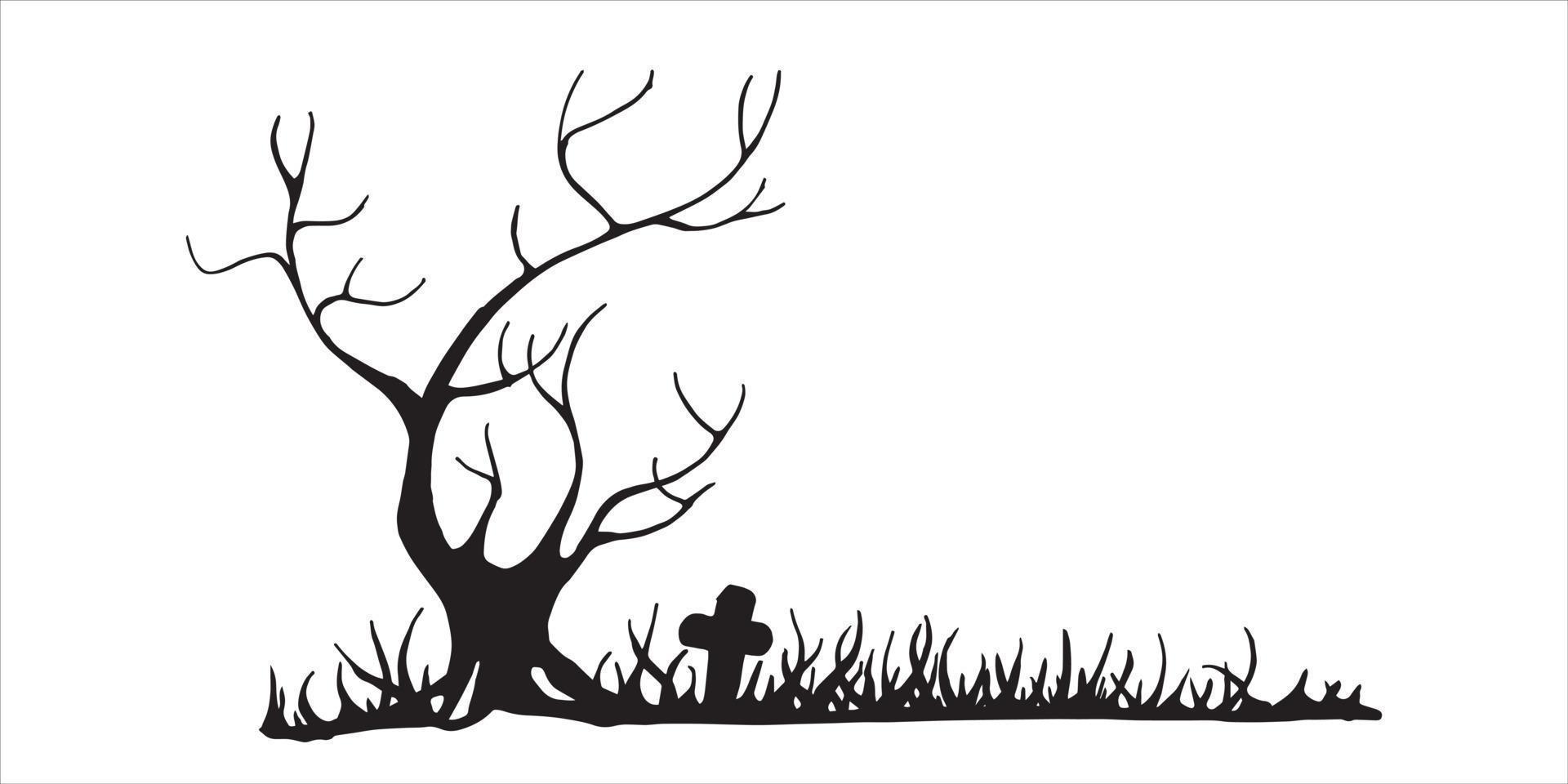 vector black and white illustration. border, banner. landscape of a cemetery, old graves, monuments. background for halloween, silhouette, outline. fabulous, cartoon drawing