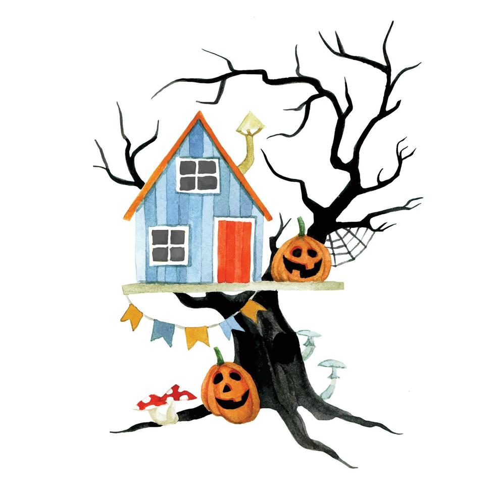 cute watercolor drawing on the theme of halloween celebration. playhouse for children in the tree. cute picture, holiday, flags, pumpkins. illustration for happy halloween card vector