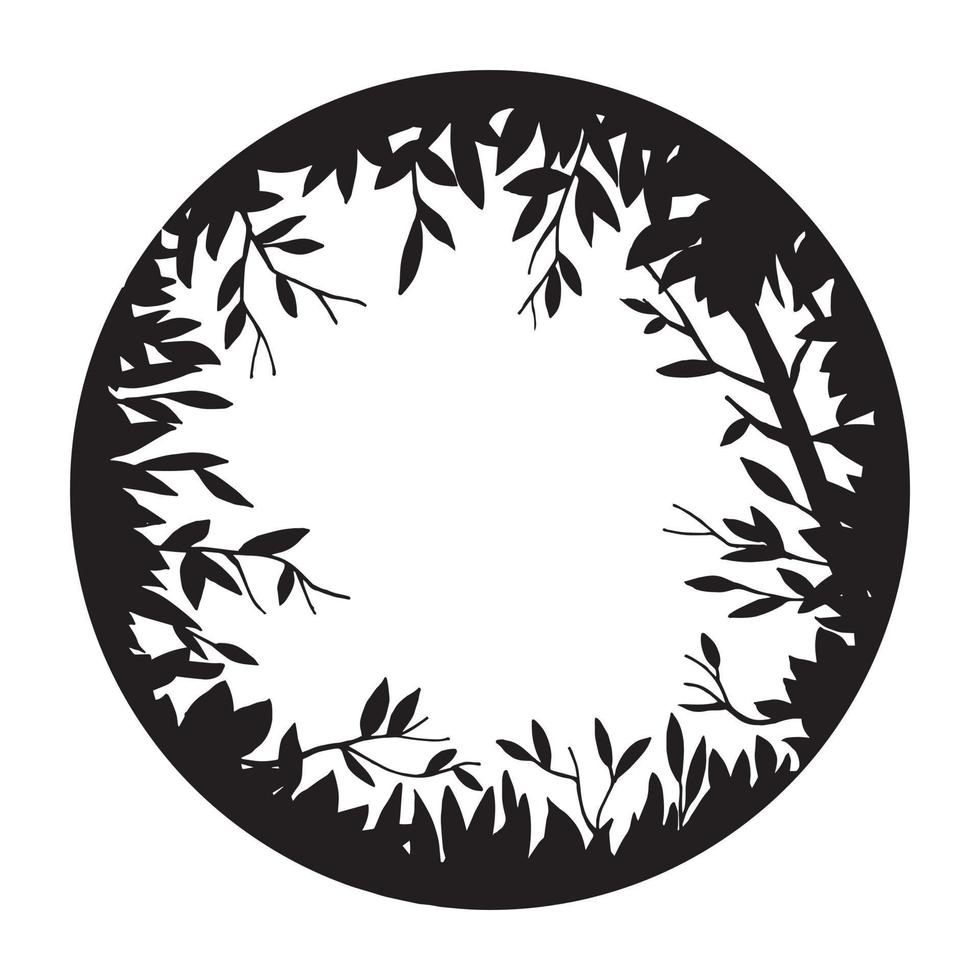 vector black and white floral illustration. round frame, border with a magic, fairy forest. silhouette of the forest, herbs or branches. background for postcard, halloween, book.