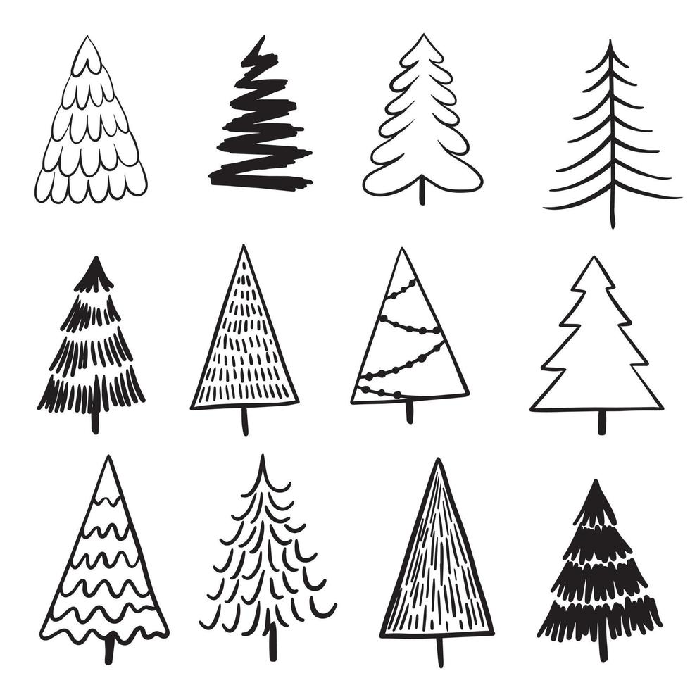 vector drawing in the style of doodle. set of Christmas, New Year trees. cute abstract christmas tree line drawing