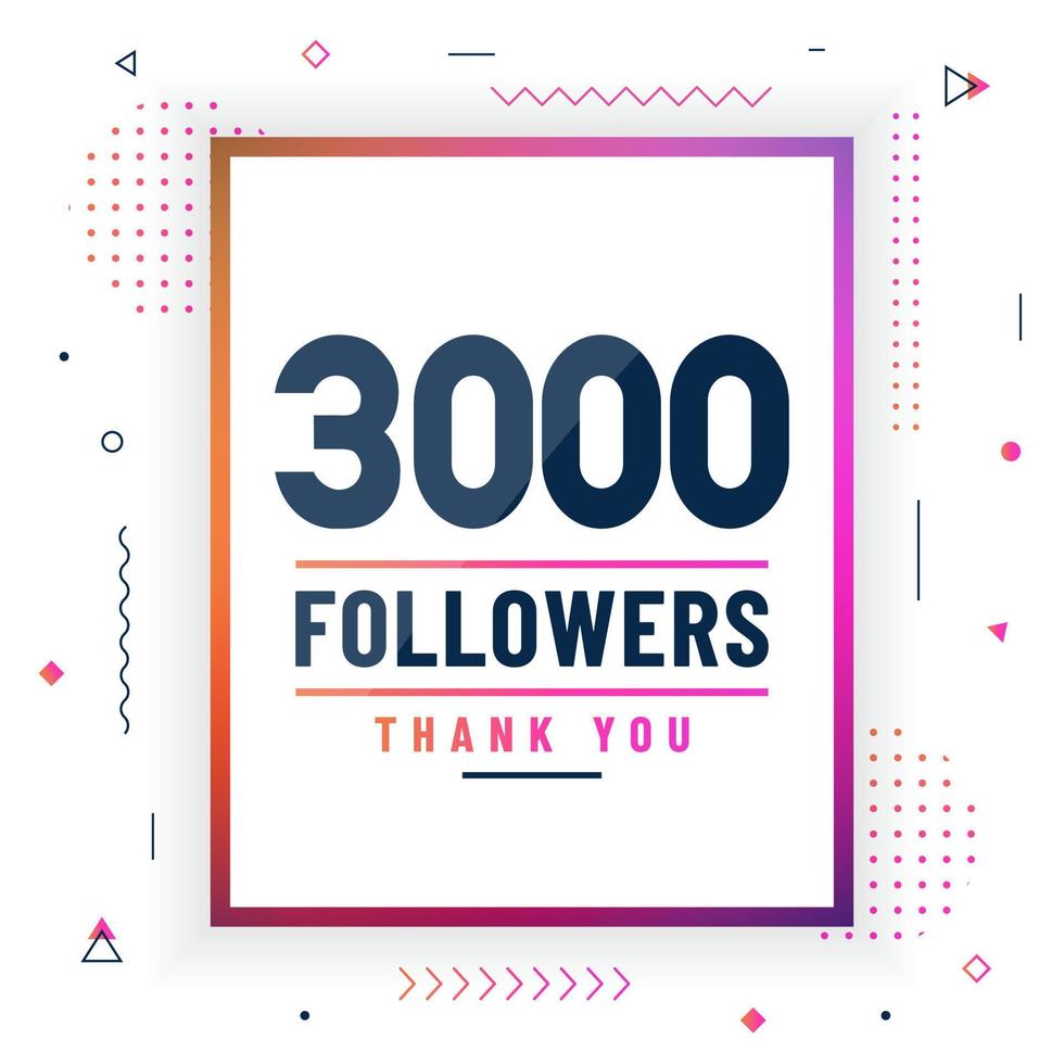 gracias 3000 seguidores, 3k seguidores celebración diseño colorido moderno. vector