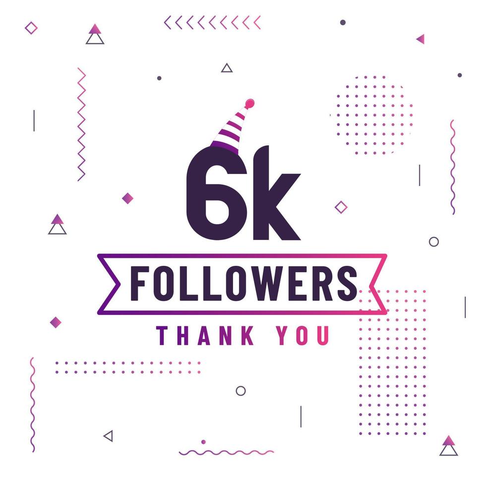 gracias 6k seguidores, 6000 seguidores celebración diseño colorido moderno. vector