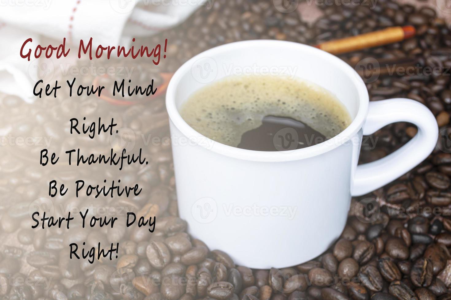 Motivational quote on cup of coffee on coffee beans background. photo
