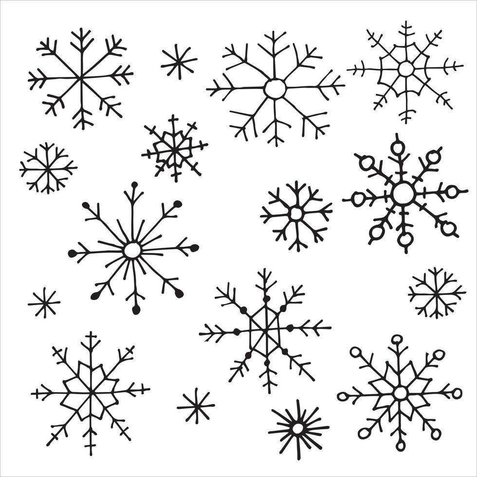 set of simple line drawings of snowflakes in doodle style. christmas decorations, snowflakes in scandinavian style isolated on white background. vector