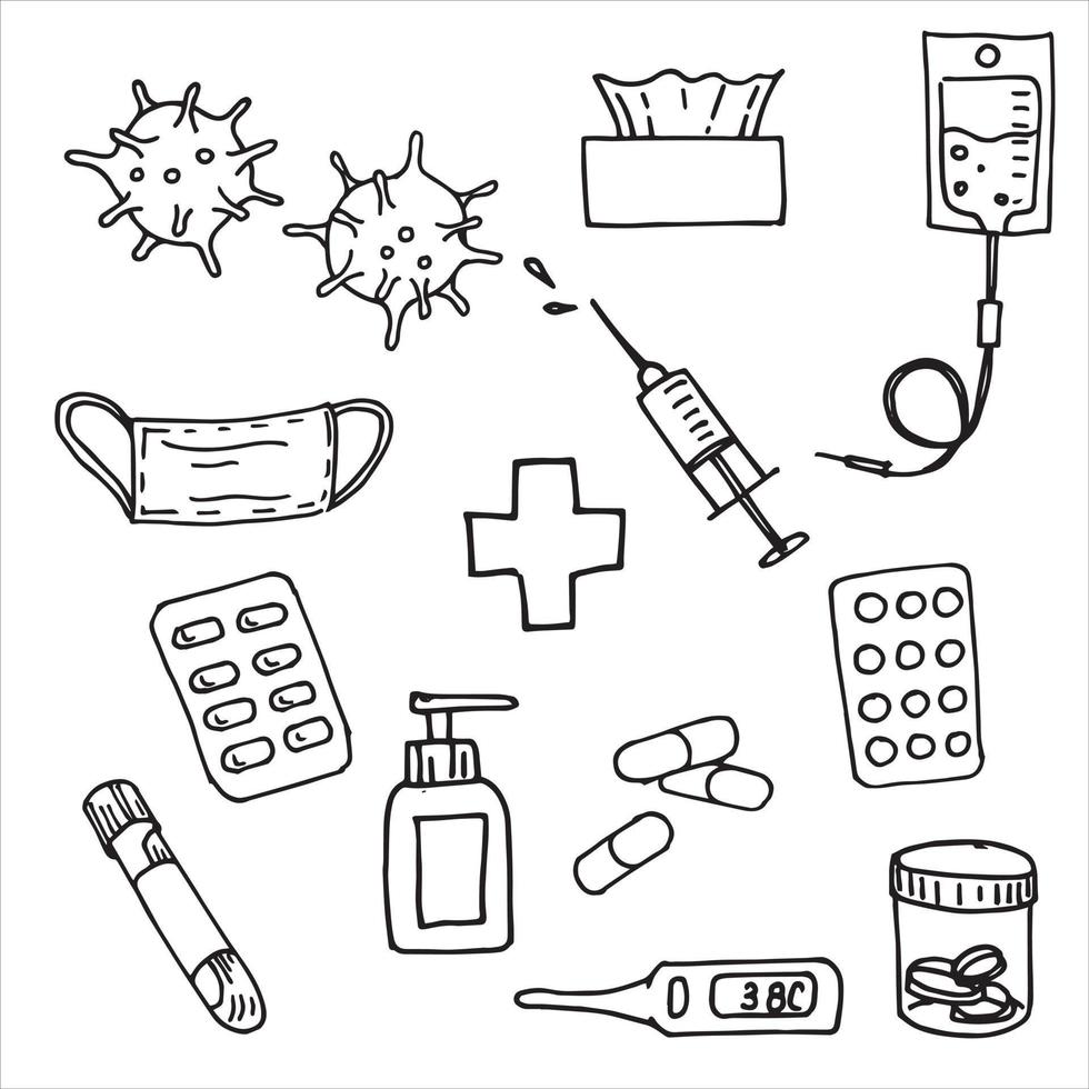 vector drawing in the style of doodle. set of elements on the theme of medicine corona virus. pills, dropper, thermometer and other medical items