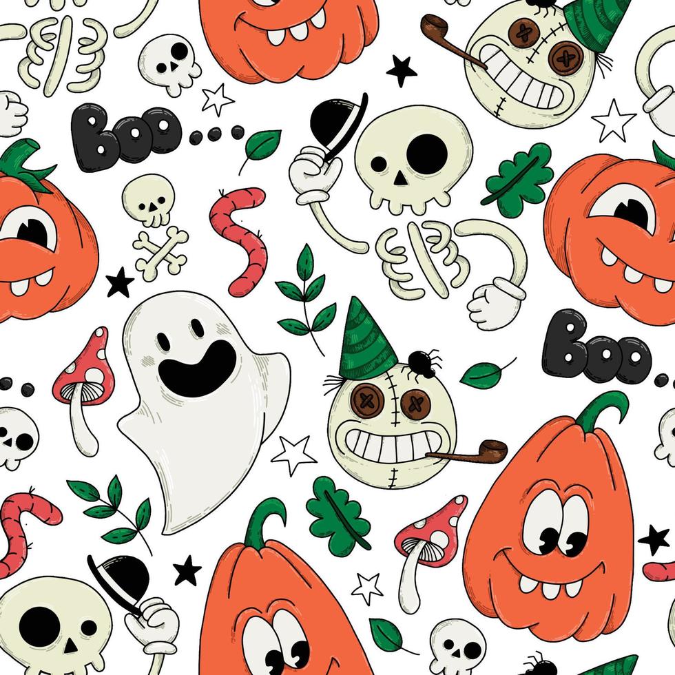 vector seamless pattern for halloween. cute characters, ghosts, pumpkins, skeletons on a white background. print for kids