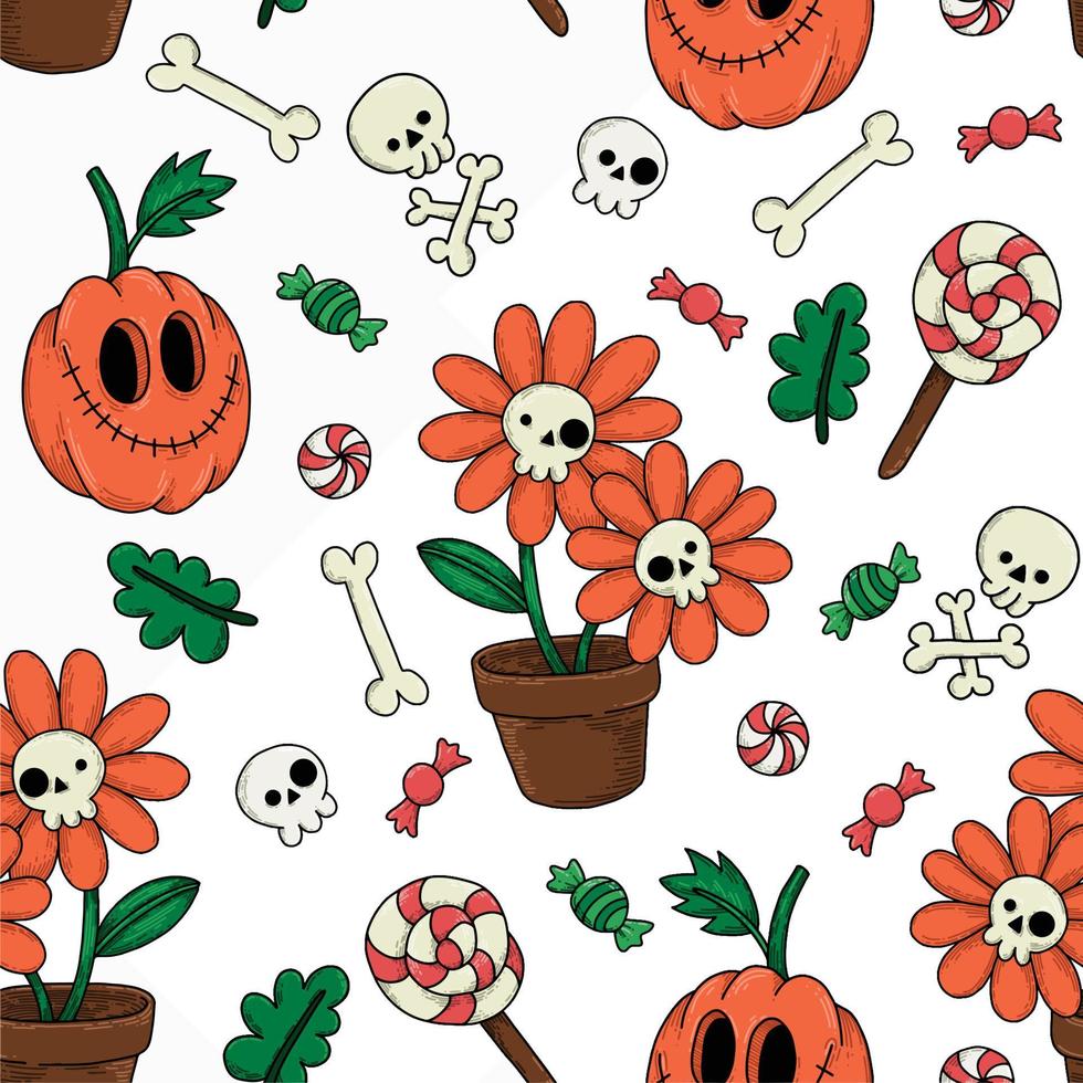 vector seamless pattern for halloween. cute characters, ghosts, pumpkins, skeletons on a white background. print for kids