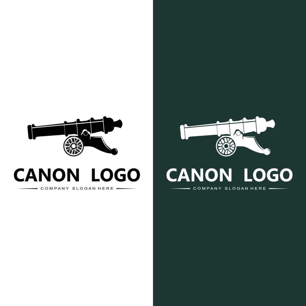 icono de vector de logotipo de cañón, arma de guerra del ejército, bomba, dispositivo explosivo, guardia real, vintage retro
