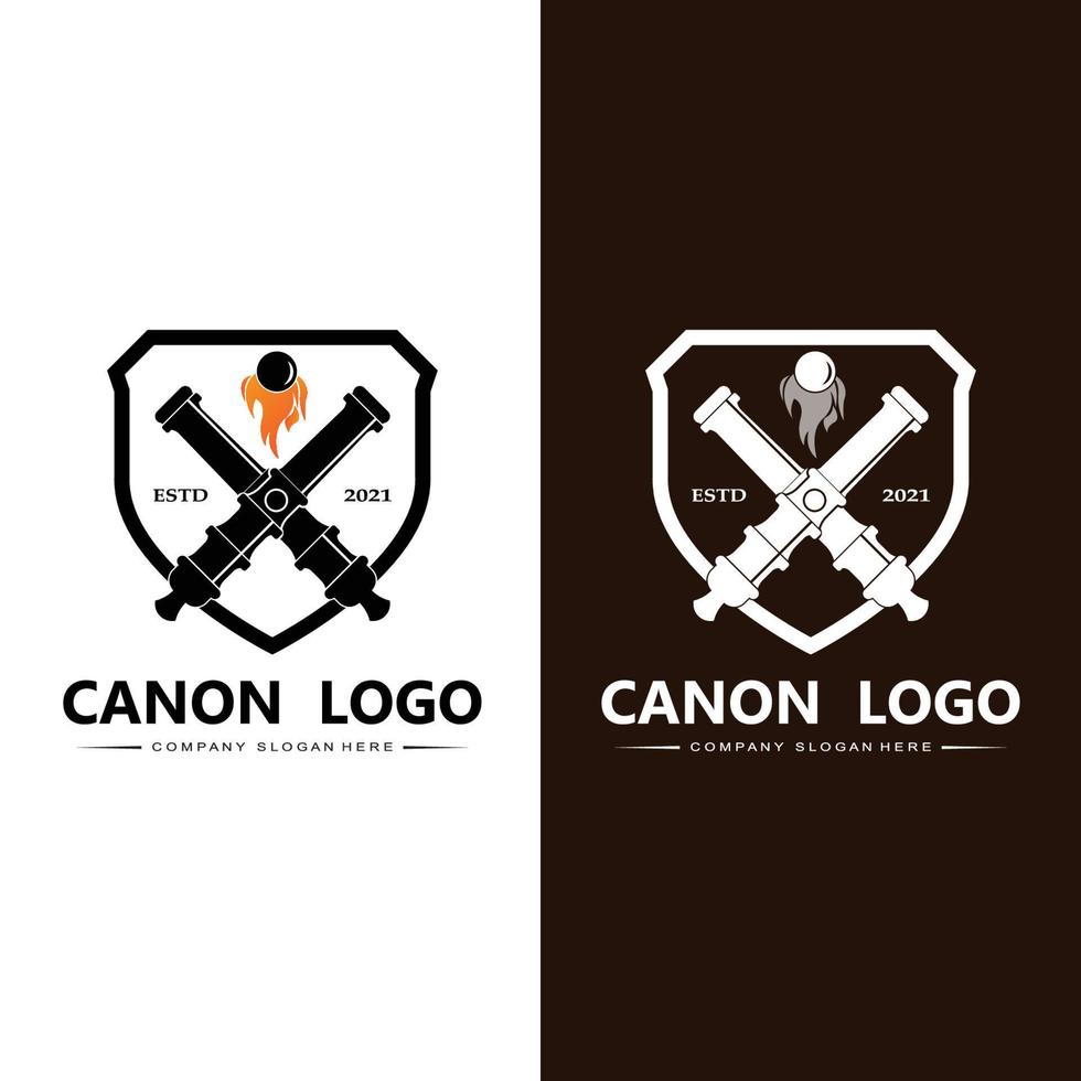 cannon logo vector icon, army war weapon, bomb, explosive device, royal guard, retro vintage