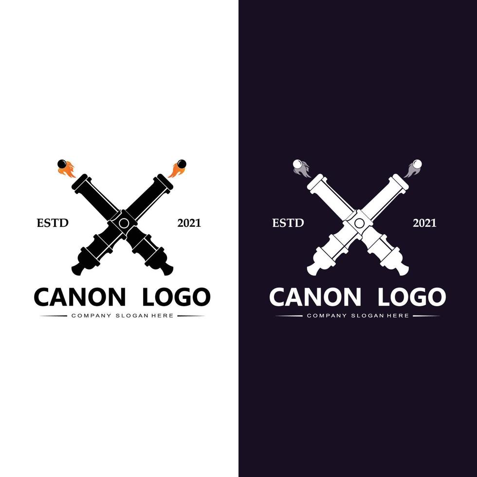 cannon logo vector icon, army war weapon, bomb, explosive device, royal guard, retro vintage