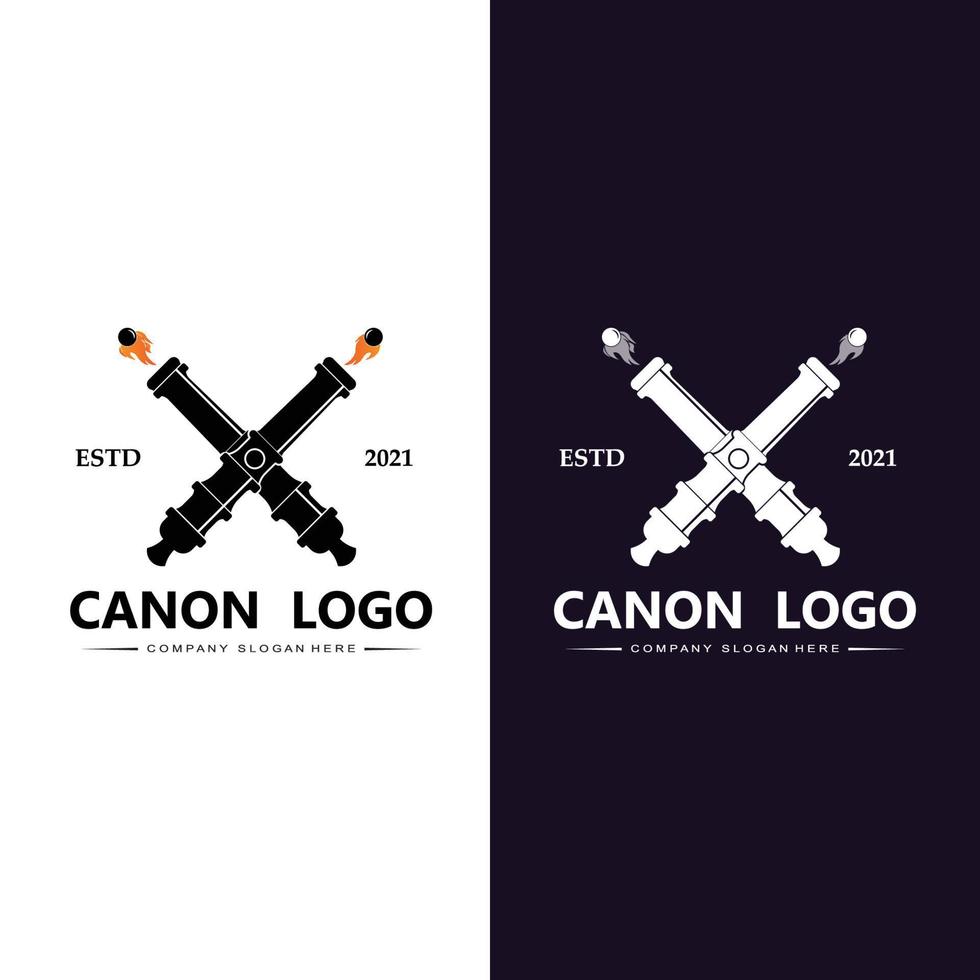 cannon logo vector icon, army war weapon, bomb, explosive device, royal guard, retro vintage