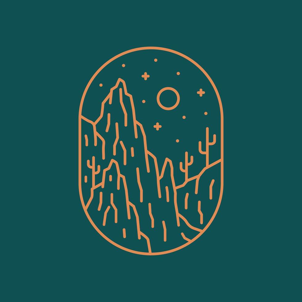 Mono line vector of desert cactus in the night