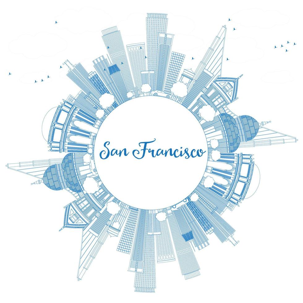 Outline San Francisco Skyline with Blue Buildings. vector